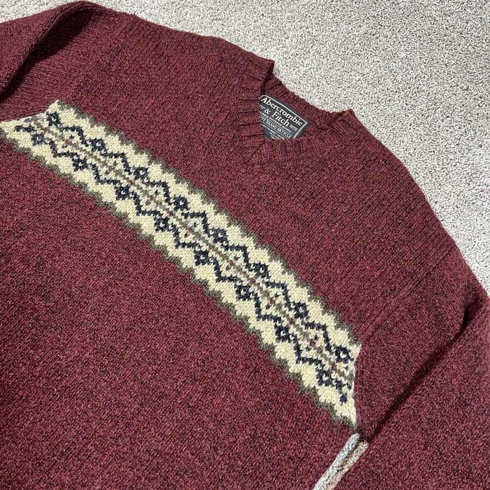VTG 90s Abercrombie & Fitch Wool V Neck Sweater XL Burgundy Fair Isle Hong Kong